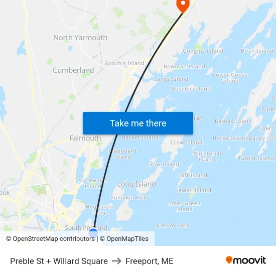 Preble St + Willard Square to Freeport, ME map