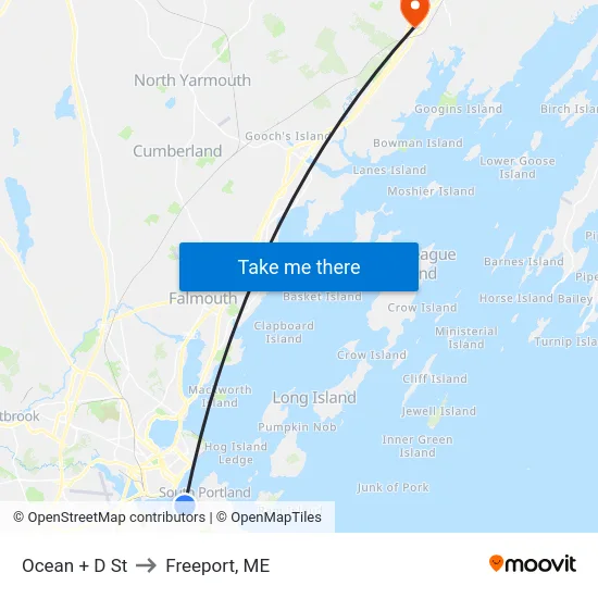 Ocean + D St to Freeport, ME map