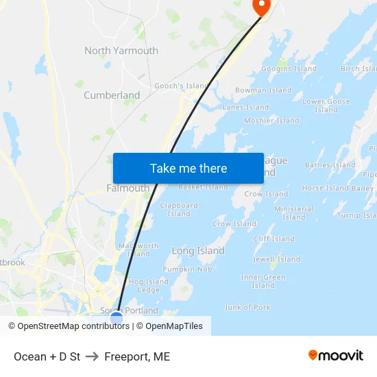Ocean + D St to Freeport, ME map