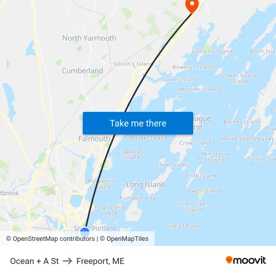 Ocean + A St to Freeport, ME map