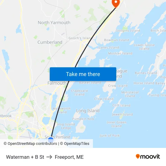 Waterman + B St to Freeport, ME map