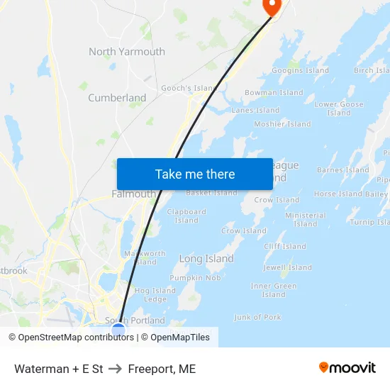 Waterman + E St to Freeport, ME map