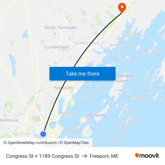 Congress St + 1189 Congress St to Freeport, ME map