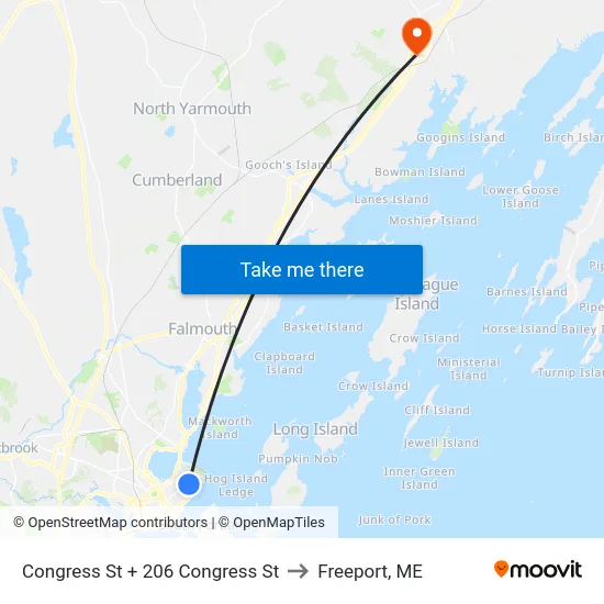 Congress St + 206 Congress St to Freeport, ME map