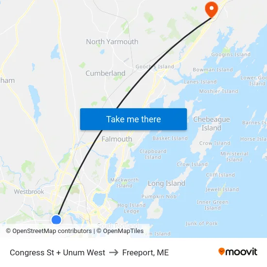 Congress St + Unum West to Freeport, ME map