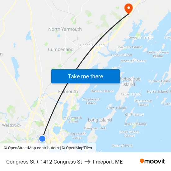 Congress St + 1412 Congress St to Freeport, ME map