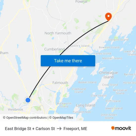 East Bridge St + Carlson St to Freeport, ME map