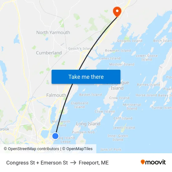 Congress St + Emerson St to Freeport, ME map