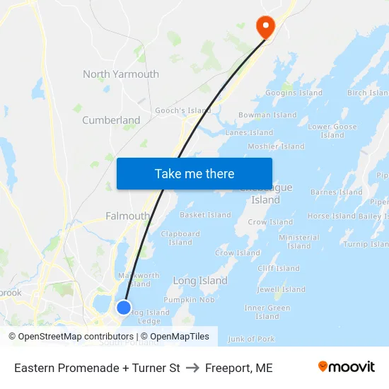Eastern Promenade + Turner St to Freeport, ME map