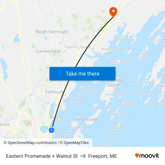 Eastern Promenade + Walnut St to Freeport, ME map
