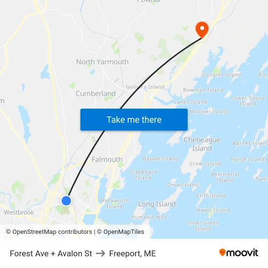 Forest Ave + Avalon St to Freeport, ME map