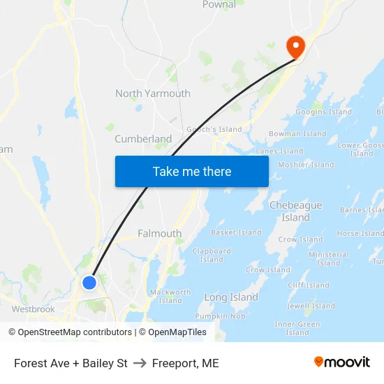 Forest Ave + Bailey St to Freeport, ME map