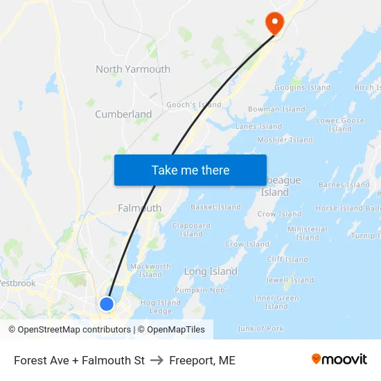 Forest Ave + Falmouth St to Freeport, ME map