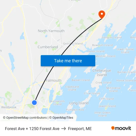 Forest Ave + 1250 Forest Ave to Freeport, ME map