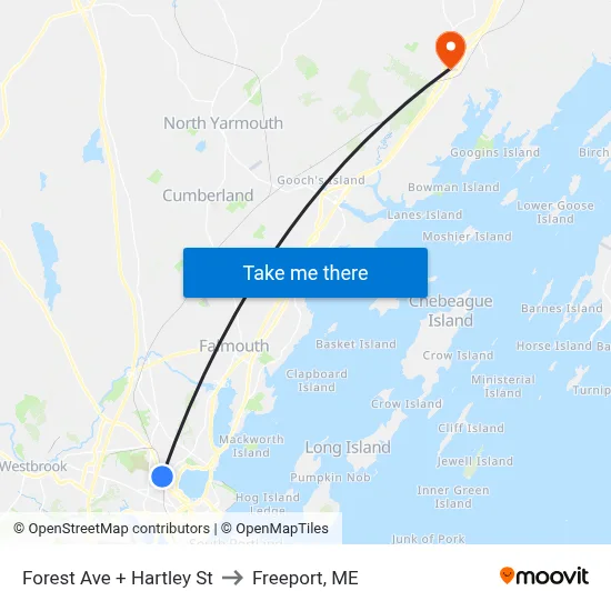 Forest Ave + Hartley St to Freeport, ME map