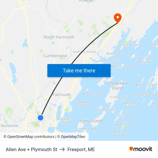 Allen Ave + Plymouth St to Freeport, ME map