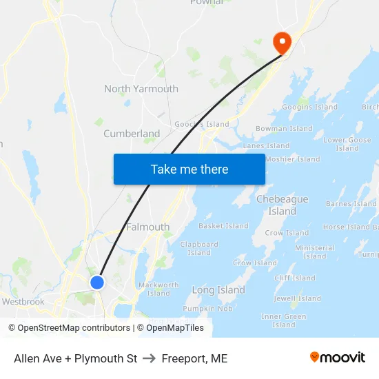 Allen Ave + Plymouth St to Freeport, ME map
