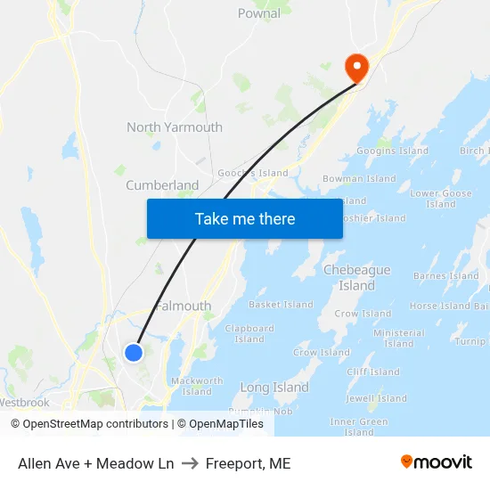 Allen Ave + Meadow Ln to Freeport, ME map