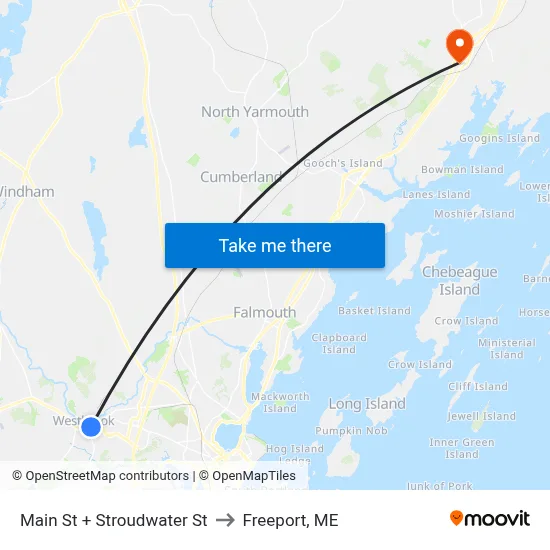 Main St + Stroudwater St to Freeport, ME map
