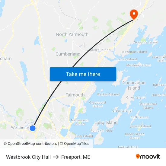 Westbrook City Hall to Freeport, ME map