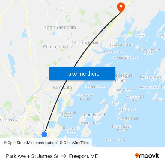 Park Ave + St James St to Freeport, ME map