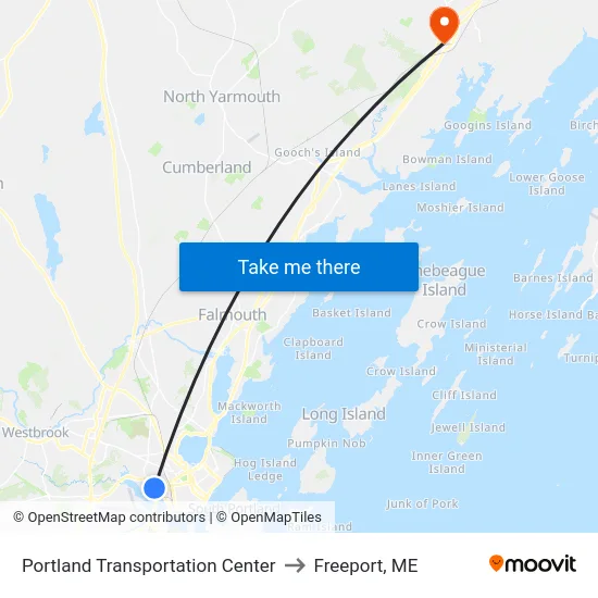 Portland Transportation Center to Freeport, ME map