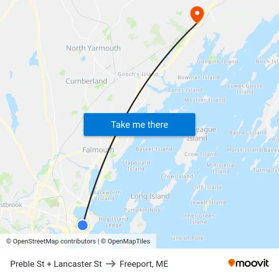Preble St + Lancaster St to Freeport, ME map