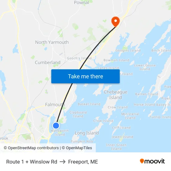 Route 1 + Winslow Rd to Freeport, ME map