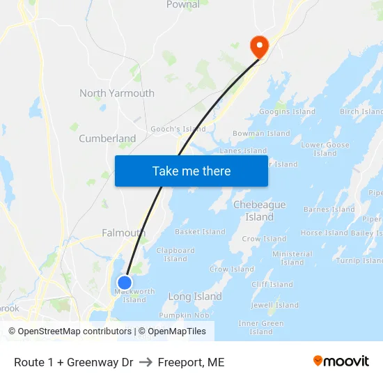 Route 1 + Greenway Dr to Freeport, ME map