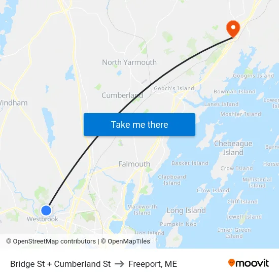 Bridge St + Cumberland St to Freeport, ME map