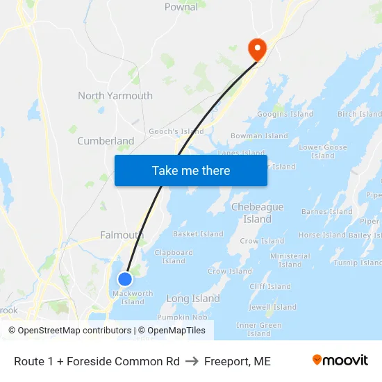 Route 1 + Foreside Common Rd to Freeport, ME map