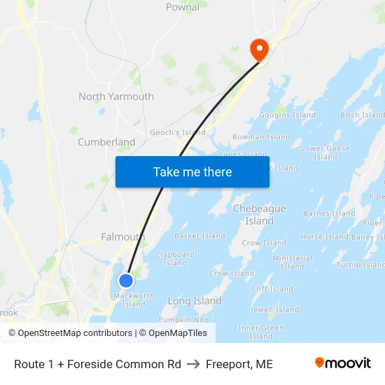 Route 1 + Foreside Common Rd to Freeport, ME map