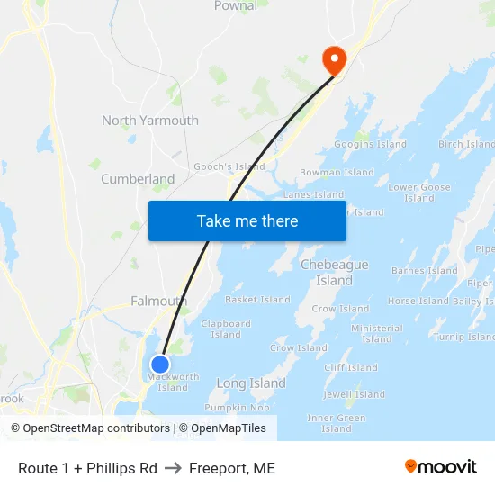 Route 1 + Phillips Rd to Freeport, ME map