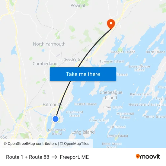 Route 1 + Route 88 to Freeport, ME map