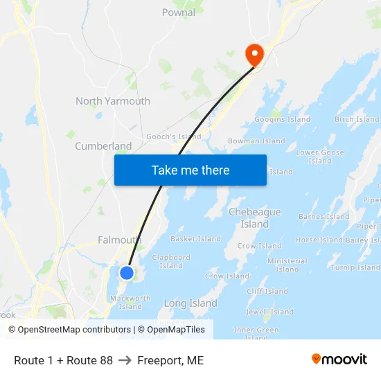 Route 1 + Route 88 to Freeport, ME map