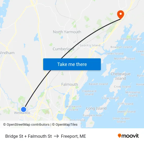 Bridge St + Falmouth St to Freeport, ME map