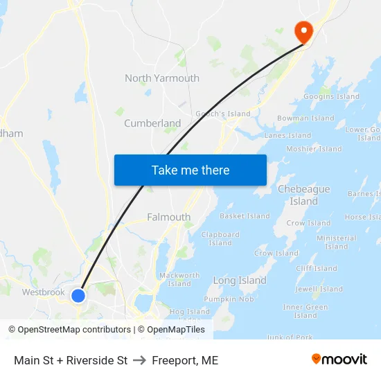 Main St + Riverside St to Freeport, ME map