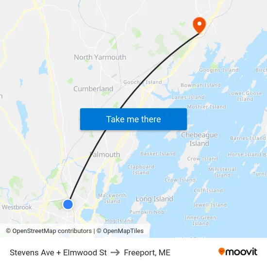 Stevens Ave + Elmwood St to Freeport, ME map
