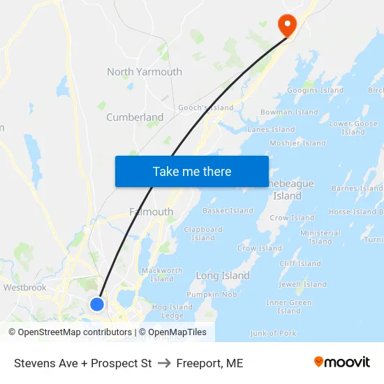 Stevens Ave + Prospect St to Freeport, ME map