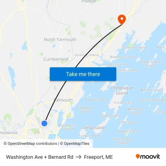 Washington Ave + Bernard Rd to Freeport, ME map