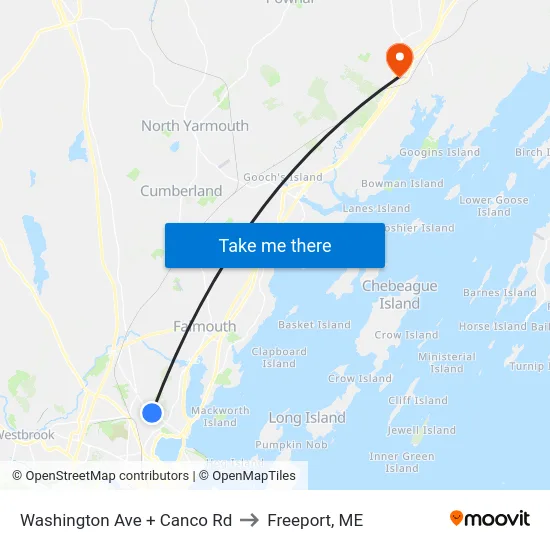 Washington Ave + Canco Rd to Freeport, ME map