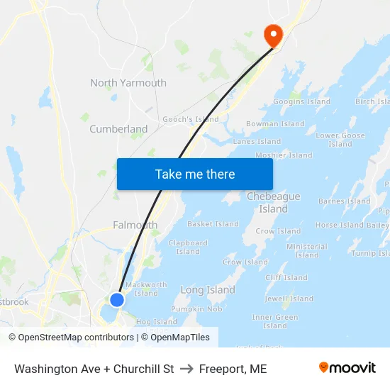 Washington Ave + Churchill St to Freeport, ME map