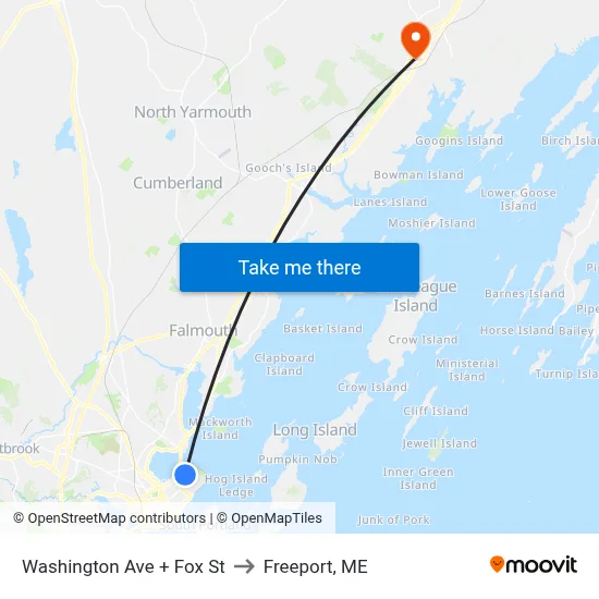 Washington Ave + Fox St to Freeport, ME map