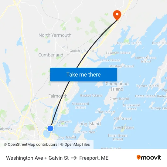 Washington Ave + Galvin St to Freeport, ME map