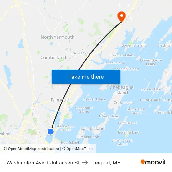 Washington Ave + Johansen St to Freeport, ME map