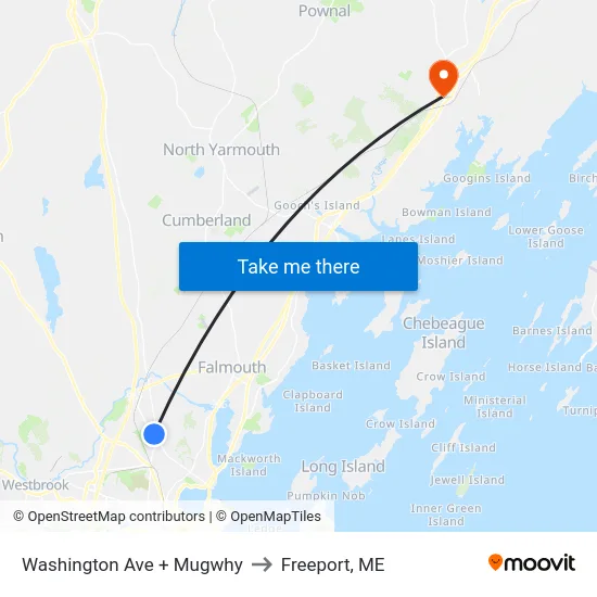 Washington Ave + Mugwhy to Freeport, ME map