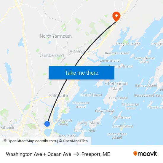 Washington Ave + Ocean Ave to Freeport, ME map