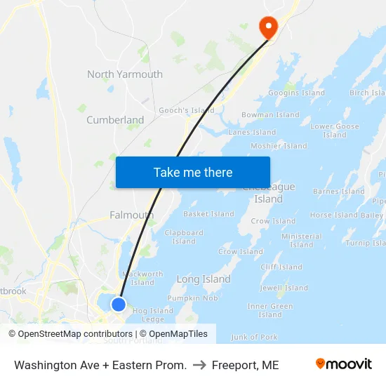Washington Ave + Eastern Prom. to Freeport, ME map