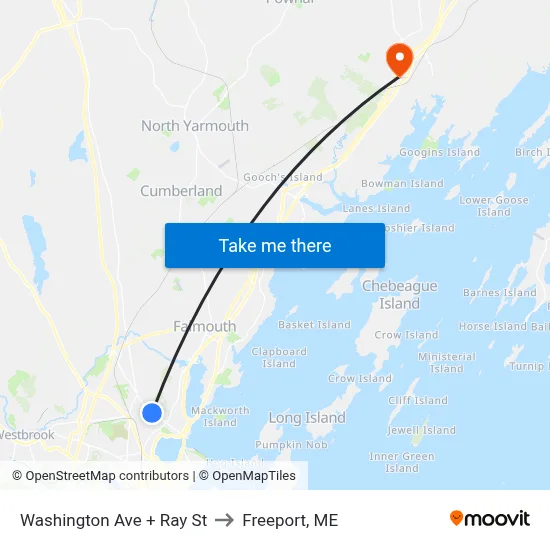Washington Ave + Ray St to Freeport, ME map