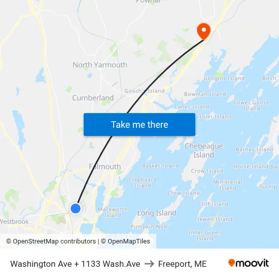 Washington Ave + 1133 Wash.Ave to Freeport, ME map